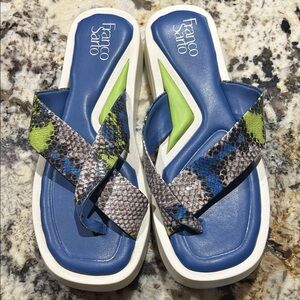 Franco Sarto Blue and Lime Snake Print Sandals